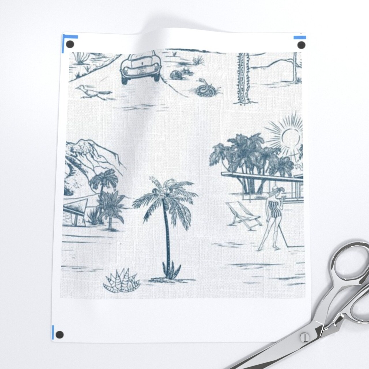 Mid Century Retro Summer Mcm Palm Springs Toile Road Trip Americana Desert Sun Home Trees Cactus Beverly Hills Modern Vintage Blue Faux Texture Custom Printed Fabric by Spoonflower Various Fabrics by the Yard or Fat Quarter